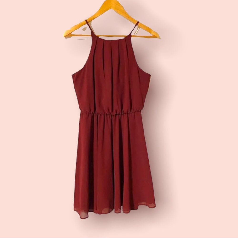 Mi Ami Dress Sz Small Chiffon Burgundy Blouson Spaghetti Straps Formal Pleated